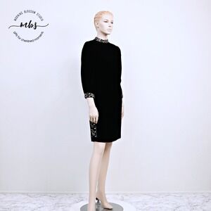 Vintage 90s Beaded Velvet Mock Neck Evening Mini Dress Black Women M
